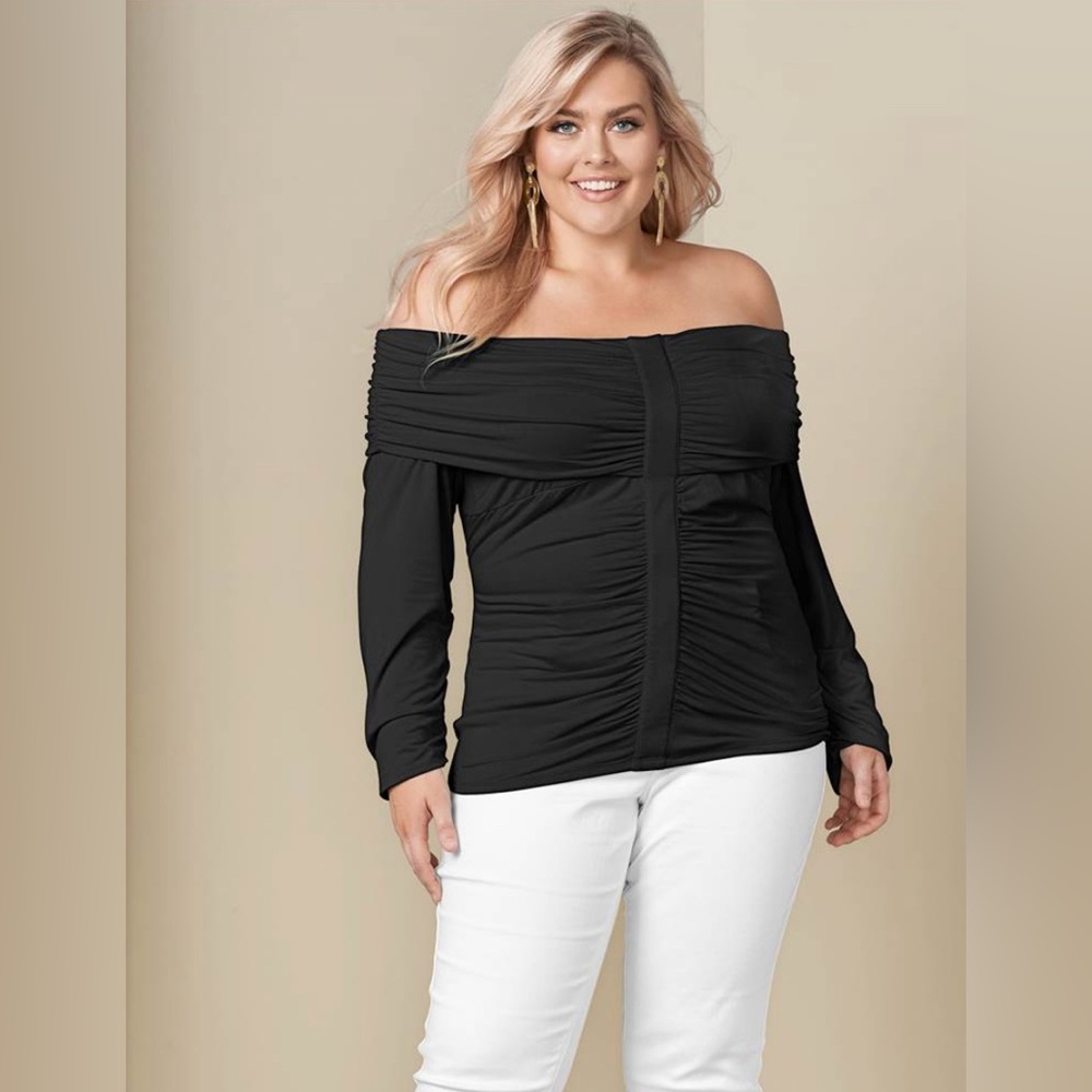 Venus Black Ruched Off-The-Shoulder Top